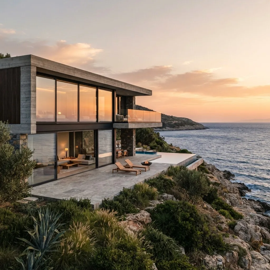 Minimalist coastal villa with large glass windows