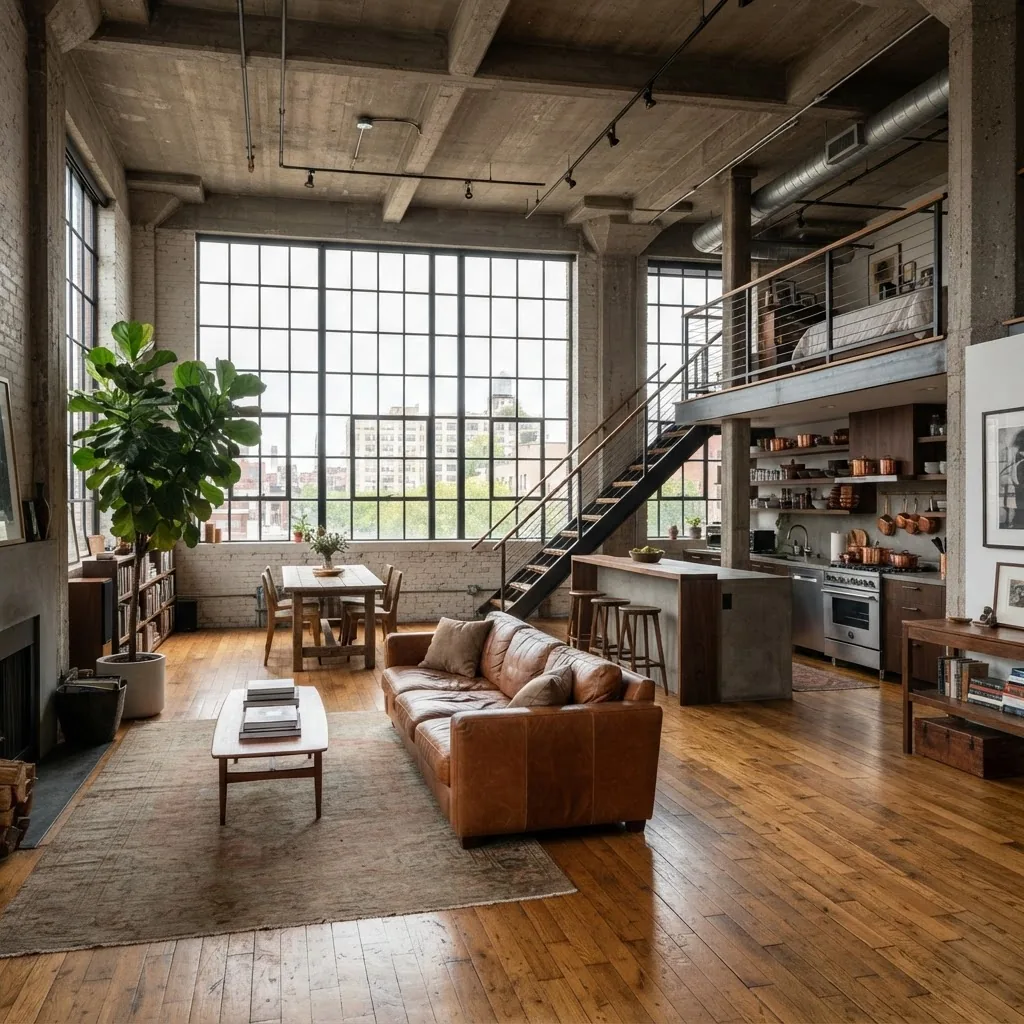 Industrial loft interior with warm materials