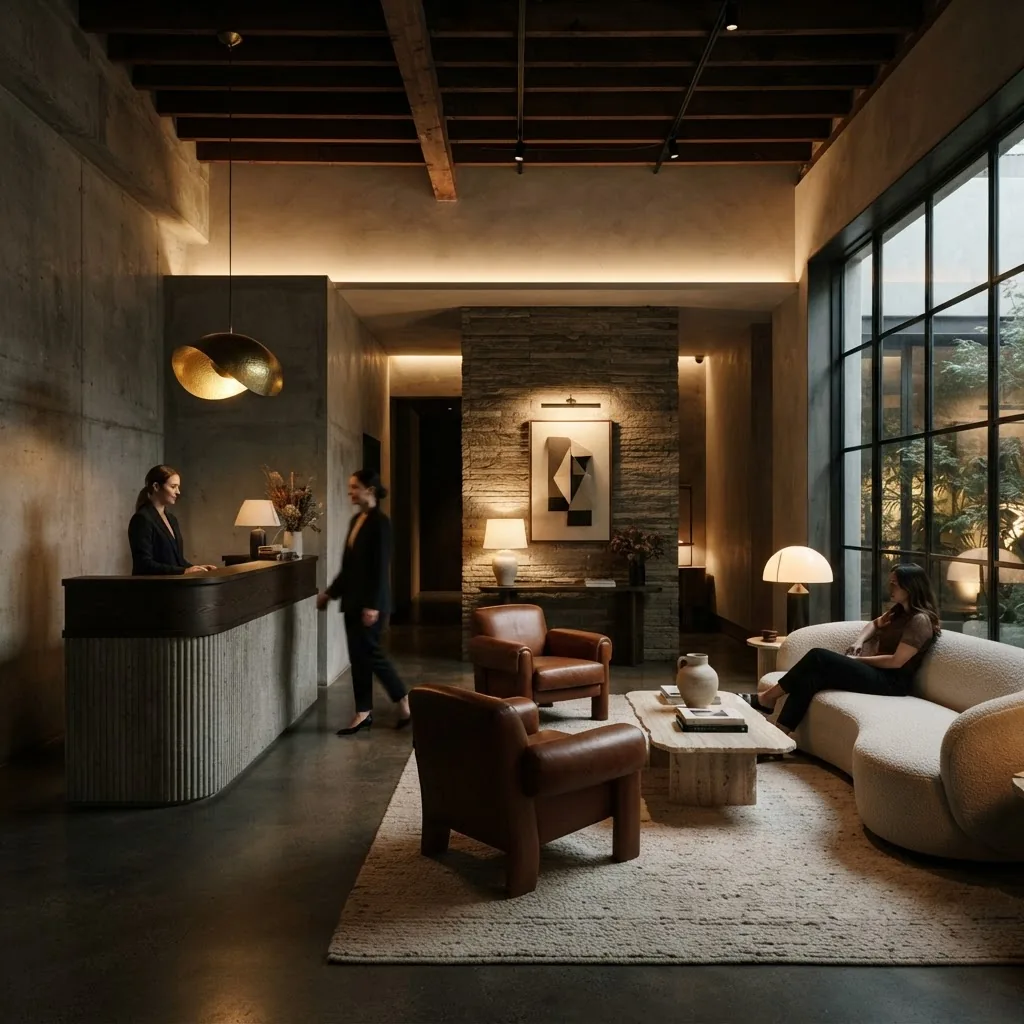 Boutique hotel lobby with dramatic lighting
