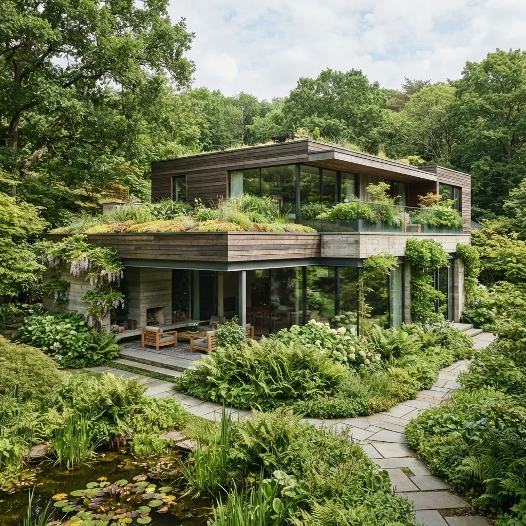 Modern house integrated with a lush garden